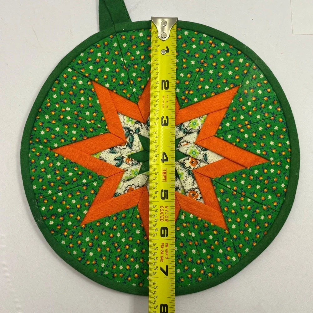 Vintage Handmade Quilted Folded Star Pot Holders Set of 2 Green Orange Brown 8